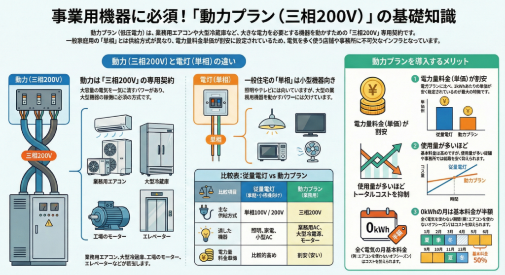 動力プランは業務用エアコンや大型冷蔵庫に必須の三相200V専用契約