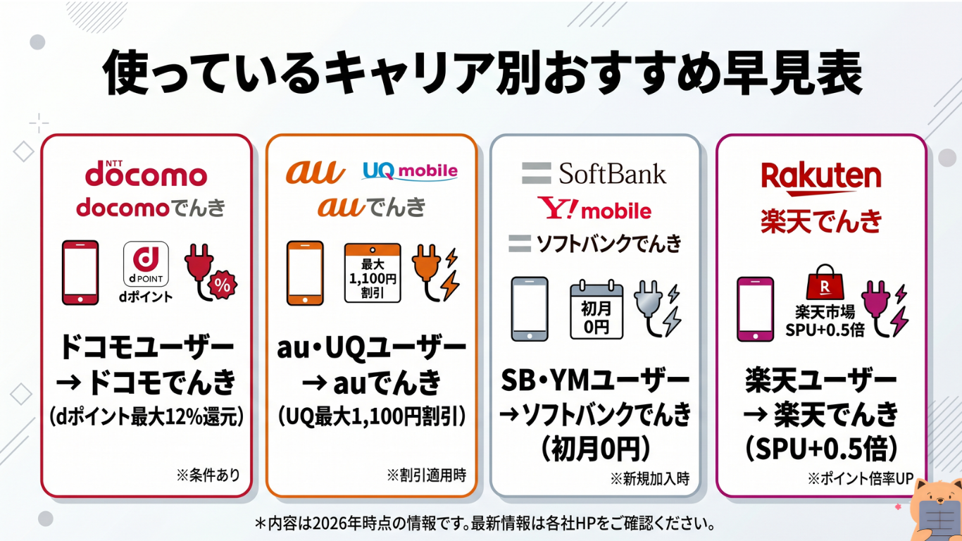 キャリア　でんき　早見表
