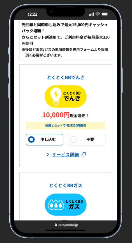 GMOとくとくBB光の申し込み画面にある、とくとくBBでんきとガスのオプション選択欄